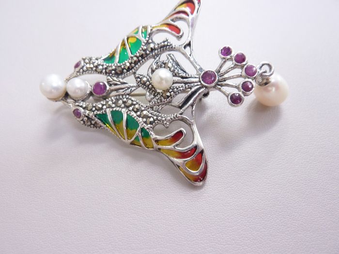 Sterling silver real ruby plique a jour enamel pendant