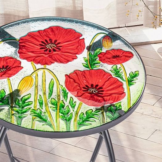 FREE P&P | Outdoor Side Table - Small Mosaic Patio Table, Poppy 14 Inch Accent Round Side Table Glass Plant Stand for Garden Patio Living Room