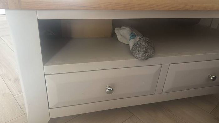 Grey TV Unit / Corner Media Cabinet with Solid Wood Top & 2 Drawers