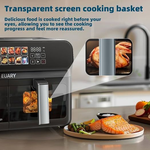 EUARY dual basket  Air Fryer 9L Oil Free 2 Compartments XXL 2800 W Large Capacity, 2 Air Fryer Bins, 12 Cooking Programs, Touch Screen, Appointment Function