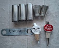 A Job Lot of Vintage 2x 1970's Bonzer 1/4 Gill Measurements  3x Bonzer 1/2 Gill Measurements  2 x Ceramic not plastic Paddy Irish WHISKEY & Cork DRY Gin Dispensers & 1 x  Metal Guinness Bottle Opener