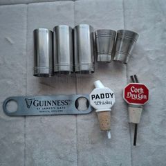 A Job Lot of Vintage 2x 1970's Bonzer 1/4 Gill Measurements  3x Bonzer 1/2 Gill Measurements  2 x Ceramic not plastic Paddy Irish WHISKEY & Cork DRY Gin Dispensers & 1 x  Metal Guinness Bottle Opener