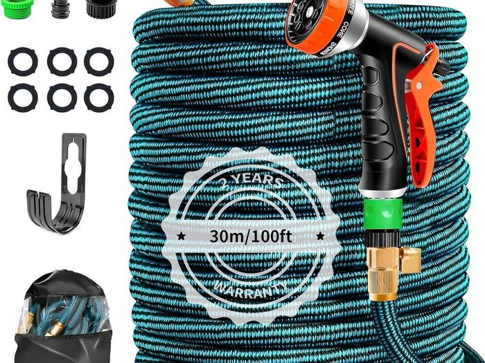 Flexible Garden Hose 30 m / 100 ft Expandable Water Hose Flex Hose with 10 Spray Patterns, 3/4 & 1/2 Adapter, A Flexible Hose for Garden, Car, for Washing and Watering