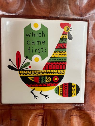 Vintage 1970s Chicken Tile on Bamboo Deviled Eggs Platter or storage