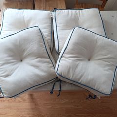 Set of 4 Padded Chair Cushions with Blue Piping & Ties