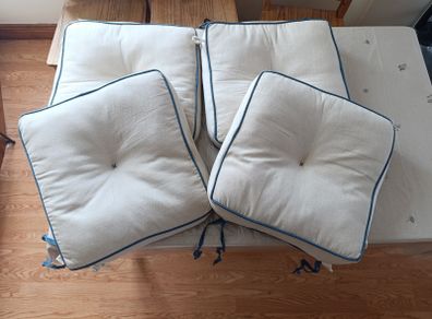 Set of 4 Padded Chair Cushions with Blue Piping & Ties
