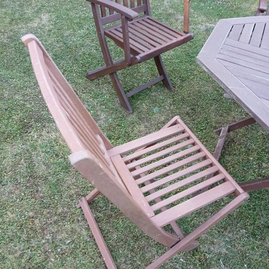 Garden table and chairs, parasol and cushions