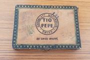 Vintage Tio Pepe wooden cigar box, specifically designed to hold 25 Swiss Whiffs