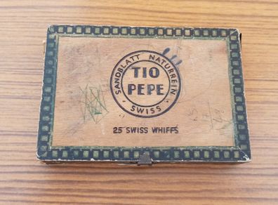 Vintage Tio Pepe wooden cigar box, specifically designed to hold 25 Swiss Whiffs