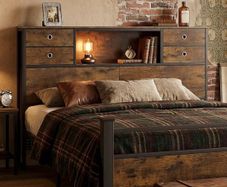 Double Bed Headboard with Storage, Freestanding Headboard with 4 Fabric Drawers & Shelves, Adjustable Bed Frame Connectors, Bedroom Storage Headboard