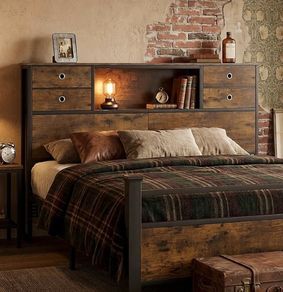 Double Bed Headboard with Storage, Freestanding Headboard with 4 Fabric Drawers & Shelves, Adjustable Bed Frame Connectors, Bedroom Storage Headboard