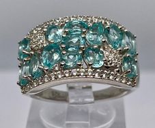 Beautiful Blue Apatite , White Zircon Cluster Ring in rhodium Sterling Silver