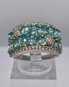 Beautiful Blue Apatite , White Zircon Cluster Ring in rhodium Sterling Silver