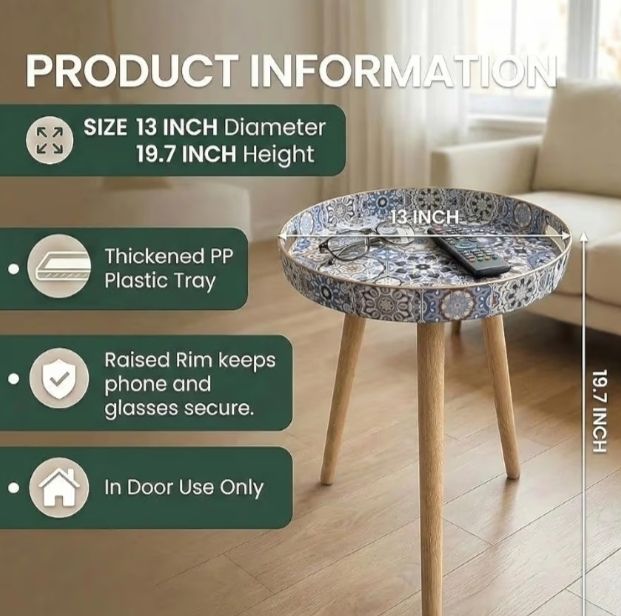 Stone Marble Round Indoor Side Tables with Detachable Wooden 3 Legs, Versatile Tray Table, Perfect For Round Coffee Table Tea, and Relaxation Time 15 Inch Bohemian