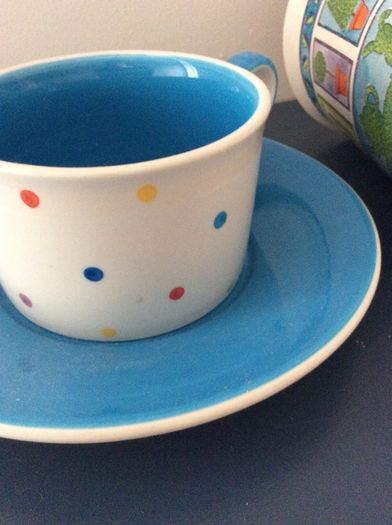 A Large Whittard of Chelsea  Tankard Mug " A Short Back and Sides - A Quick Trim" and a blue polka dot tea cup and matching saucer
