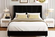 Double Bed Frame with Headboard, Velvet Geometric Tufted Upholstered Platform Bed Frames, Contemporary Mattress Foundation, No Box Spring Needed, Noise Free, Easy Assembly, Black