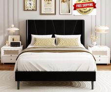 Double Bed Frame with Headboard, Velvet Geometric Tufted Upholstered Platform Bed Frames, Contemporary Mattress Foundation, No Box Spring Needed, Noise Free, Easy Assembly, Black