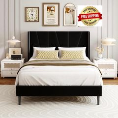 Double Bed Frame with Headboard, Velvet Geometric Tufted Upholstered Platform Bed Frames, Contemporary Mattress Foundation, No Box Spring Needed, Noise Free, Easy Assembly, Black