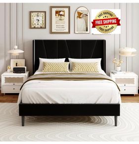 Double Bed Frame with Headboard, Velvet Geometric Tufted Upholstered Platform Bed Frames, Contemporary Mattress Foundation, No Box Spring Needed, Noise Free, Easy Assembly, Black