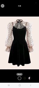 SHEIN MOD Colorblock Heart Print Tie Neck Flounce Sleeve Velvet Dress