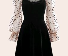 SHEIN MOD Colorblock Heart Print Tie Neck Flounce Sleeve Velvet Dress