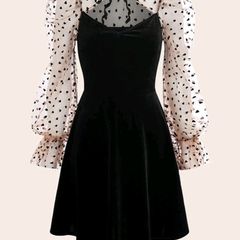 SHEIN MOD Colorblock Heart Print Tie Neck Flounce Sleeve Velvet Dress
