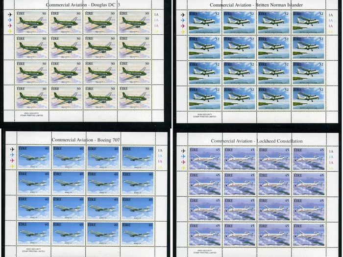 1999 Ireland Civil Aviation (Commercial Aviation - Douglas DC3, Britten Norman Islander, Boeing 707 & Lockheed Constellation) Stamp Sheetlet Plate 1A1A1A1A Mint Never Hinged (MNH)
