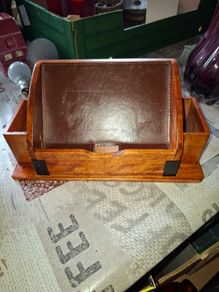 Wooden Desk Organizer features a Leather-Lined Compartment and Side Sections for Pens