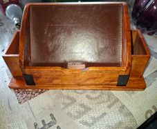 Wooden Desk Organizer features a Leather-Lined Compartment and Side Sections for Pens