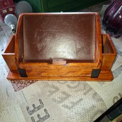 Wooden Desk Organizer features a Leather-Lined Compartment and Side Sections for Pens