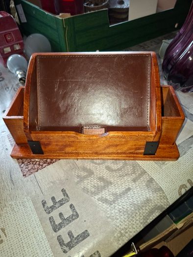 Wooden Desk Organizer features a Leather-Lined Compartment and Side Sections for Pens