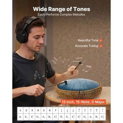 Steel Tongue Drum, 33cm 15 Notes Rain Drum for Outside Garden, C Major Musical Drums with Music Book & Mallets