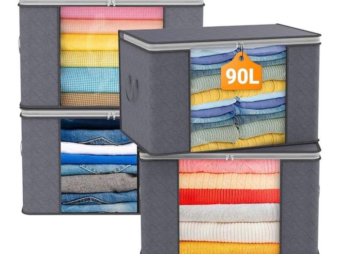 90L Large Capacity Clothes Storage Bags with Zips, Storage Boxes with Lids, Reinforced Handle, Foldable, Thick Fabric, for Comforters, Clothes, Blankets, Bedding, 4 Pack, Dark Grey