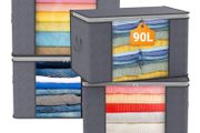 90L Large Capacity Clothes Storage Bags with Zips, Storage Boxes with Lids, Reinforced Handle, Foldable, Thick Fabric, for Comforters, Clothes, Blankets, Bedding, 4 Pack, Dark Grey