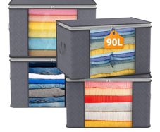 90L Large Capacity Clothes Storage Bags with Zips, Storage Boxes with Lids, Reinforced Handle, Foldable, Thick Fabric, for Comforters, Clothes, Blankets, Bedding, 4 Pack, Dark Grey