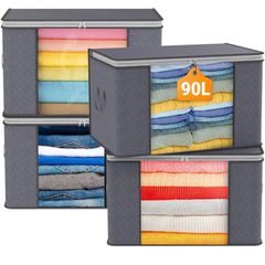 90L Large Capacity Clothes Storage Bags with Zips, Storage Boxes with Lids, Reinforced Handle, Foldable, Thick Fabric, for Comforters, Clothes, Blankets, Bedding, 4 Pack, Dark Grey