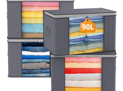 90L Large Capacity Clothes Storage Bags with Zips, Storage Boxes with Lids, Reinforced Handle, Foldable, Thick Fabric, for Comforters, Clothes, Blankets, Bedding, 4 Pack, Dark Grey