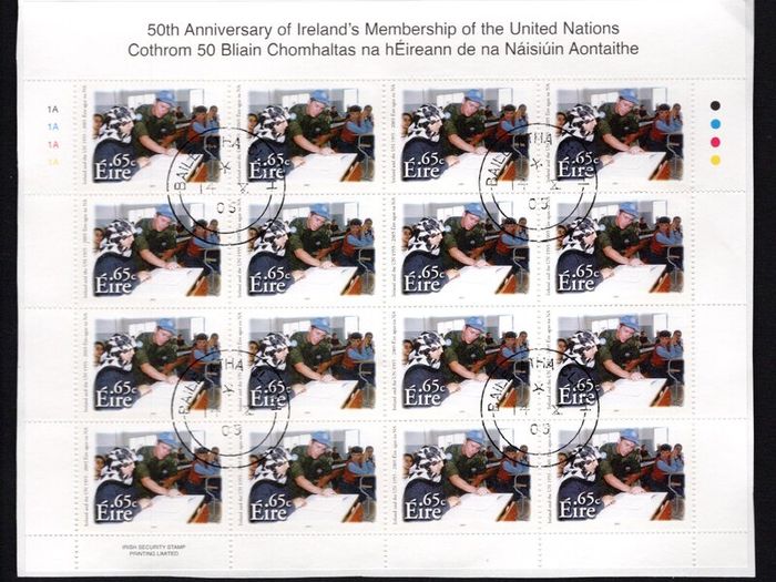 2005 Ireland 50th Anniversary of the Ireland's Membership of the United Nations Commemorative Stamp Sheetlet Plate 1A1A1A1A Fine CDS Used with Dublin cancel of 14th October 2005 (First day of issue) on envelope extract.
