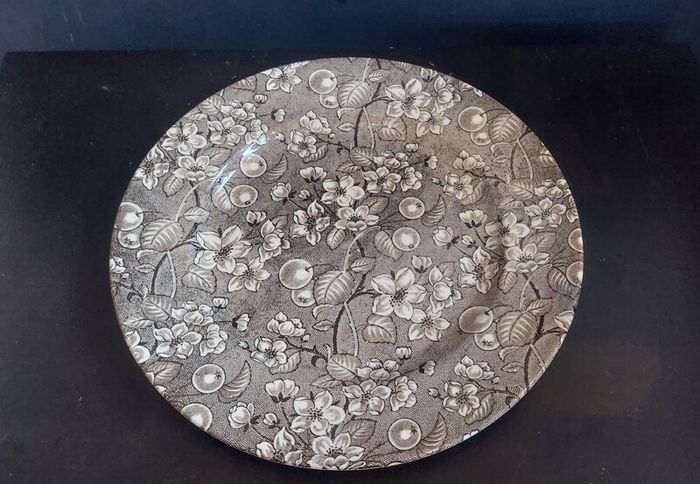 Lovely Vintage Brown and White English Ironstone Tableware Plate in a Fabulous Chintz Style Pattern, with Blossoms and Berries