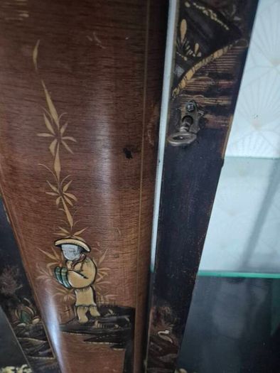 Vintage  Turnige Chinoiserie locking ebonised handpainted cabinet 3 tiers