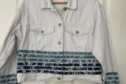 White Denim Jacket- Distressed Style with Blue Stripes- Size S