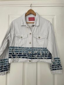 White Denim Jacket- Distressed Style with Blue Stripes- Size S