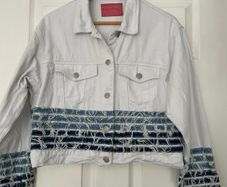 White Denim Jacket- Distressed Style with Blue Stripes- Size S
