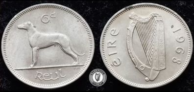 [#454] - Ireland 1968 | Irish 6p | Six Pence | Wolfhound | KM.13a | AU