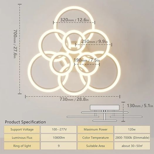 Modern LED Ceiling Light dimmable Remote Control 9 Ring Ceiling Light 120W 10800LM, Ceiling Light for Living Room, Bedroom, Kitchen, Corridor, Balcony, Dining Room, White, 2800-7000K