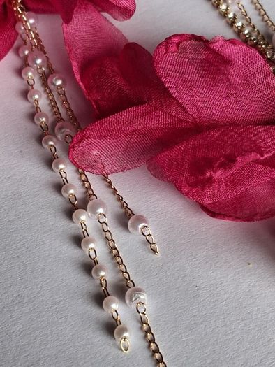 Fuchsia Pink Clip On Tassel Chain Crystal & Pearl Earrings