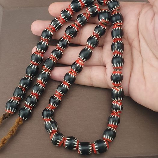 Antique Venetian Style Black Chevron Glass Beads Necklace Strand