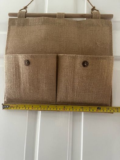 Rustic Burlap Wall Organizer Vintage Style Hanging Storage with Wooden Accents