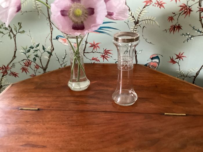 Antique Pair Edwardian Sterling Silver Mounted Cut Glass Bud Vases J&WD c.1900