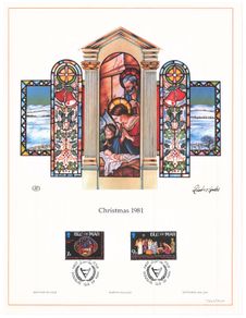 1981 Isle of Man Limited Edition Lithographed Print measuring 333mm X 257mm showing Christmas Commemorative Stamps with First Day of Issue Cancel
